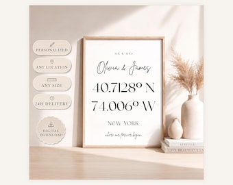 Custom Coordinates Print, Personalized Latitude Longitude Wall Art, Wedding Anniversary New Home Gift, Printable Digital Download