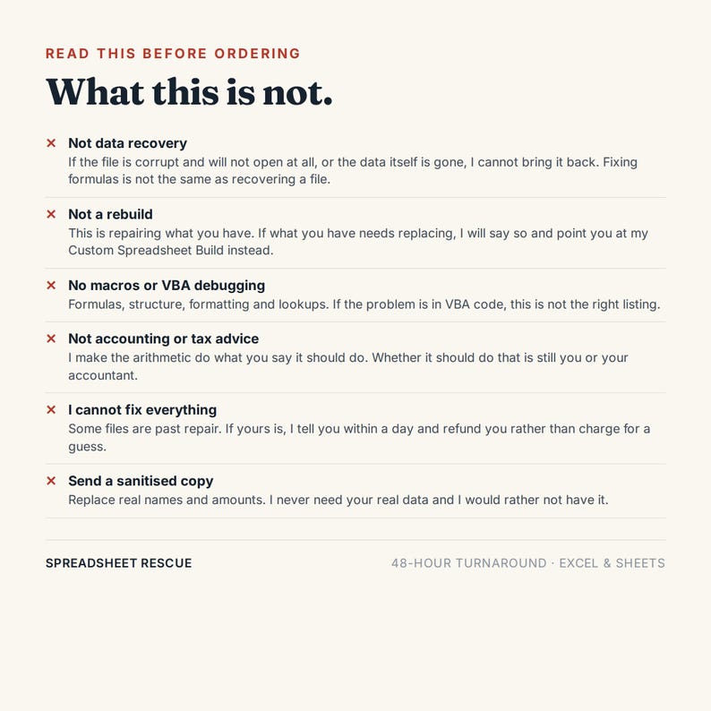 May include: An informational graphic titled Read This Before Ordering What this is not. It lists six exclusions for a spreadsheet service: Not data recovery, Not a rebuild, No macros or VBA debugging, Not accounting or tax advice, I cannot fix everything, and Send a sanitised copy. The bottom text reads Spreadsheet Rescue and 48-hour turnaround Excel & Sheets.