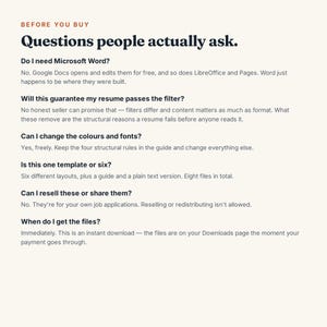 May include: An informational document titled Before You Buy: Questions people actually ask. It lists six frequently asked questions regarding software compatibility, resume filters, customization, template quantity, usage rights, and file delivery.
