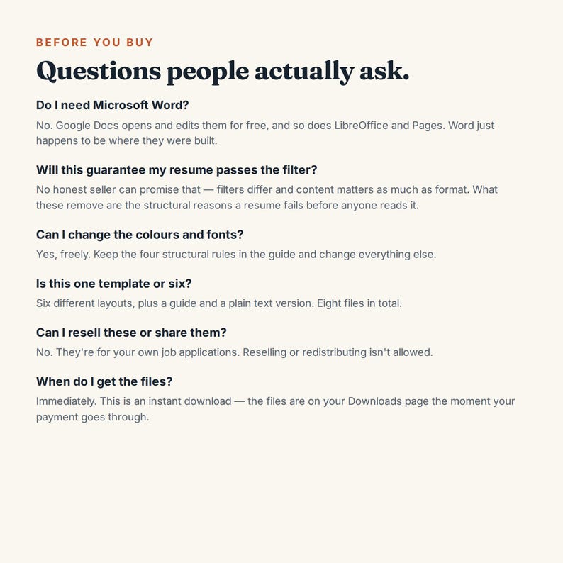 May include: An informational document titled Before You Buy: Questions people actually ask. It lists six frequently asked questions regarding software compatibility, resume filters, customization, template quantity, usage rights, and file delivery.