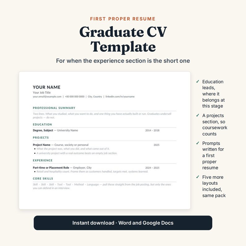 Graduate CV Template | Resume for First Job, Word, Google Docs (Instant Download) bild 1