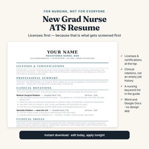 Op de afbeelding: Een digitaal sjabloon voor een ATS-cv voor verpleegkundigen met secties voor licenties, certificeringen, professionele samenvatting, klinische rotaties en klinische vaardigheden, inclusief tijdelijke tekst en een lijst met kenmerken.