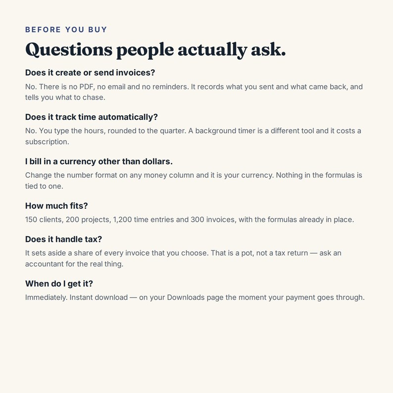 May include: A digital information sheet titled Before You Buy: Questions people actually ask. It lists six frequently asked questions regarding invoice creation, time tracking, currency settings, capacity for clients and projects, tax handling, and delivery.