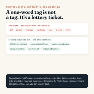 May include: An educational infographic with black text on a cream background. It displays two groups of tags labeled as too broad or specific, with examples like gift, jewelry, birth flower necklace, and custom name jewelry, plus explanatory text.