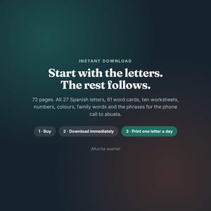 Puede incluir: Un documento educativo digital titulado Start with the letters. The rest follows. Contiene 72 p&aacute;ginas con 27 letras espa&ntilde;olas, 61 tarjetas de palabras, diez hojas de trabajo, n&uacute;meros, colores, palabras familiares y frases. Incluye botones etiquetados 1. Buy, 2. Download immediately y 3. Print one letter a day.