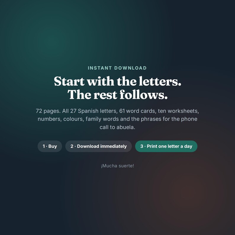 Puede incluir: Un documento educativo digital titulado Start with the letters. The rest follows. Contiene 72 p&aacute;ginas con 27 letras espa&ntilde;olas, 61 tarjetas de palabras, diez hojas de trabajo, n&uacute;meros, colores, palabras familiares y frases. Incluye botones etiquetados 1. Buy, 2. Download immediately y 3. Print one letter a day.
