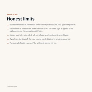 May include: A white informational graphic titled WHAT IT IS NOT and Honest limits, featuring five bullet points explaining that the system requires manual data entry, uses estimated depreciation, tracks vehicle costs, logs maintenance, and uses invented fleet data.
