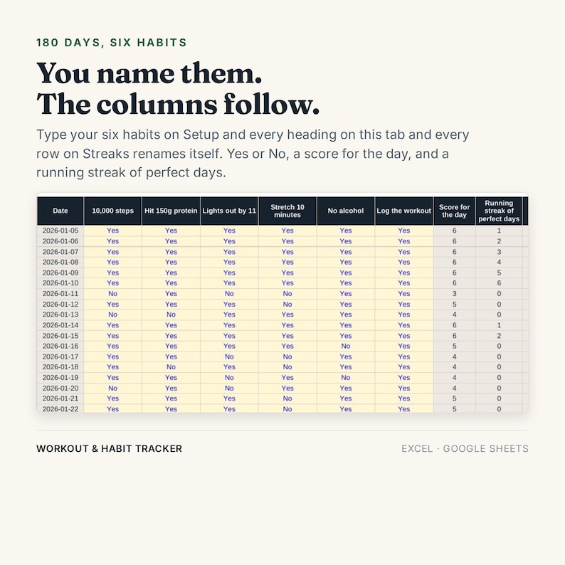 May include: A digital workout and habit tracker spreadsheet template featuring a table with columns for date, six customisable habits, daily score, and running streak. The text reads 180 DAYS, SIX HABITS, You name them. The columns follow. WORKOUT & HABIT TRACKER.