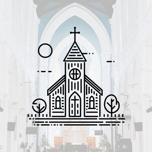 May include: A black line art illustration of a church building with a steeple and cross, featuring a circular window, arched doorway, and two stylized trees on either side, set against a faint, blurred background of a church interior.