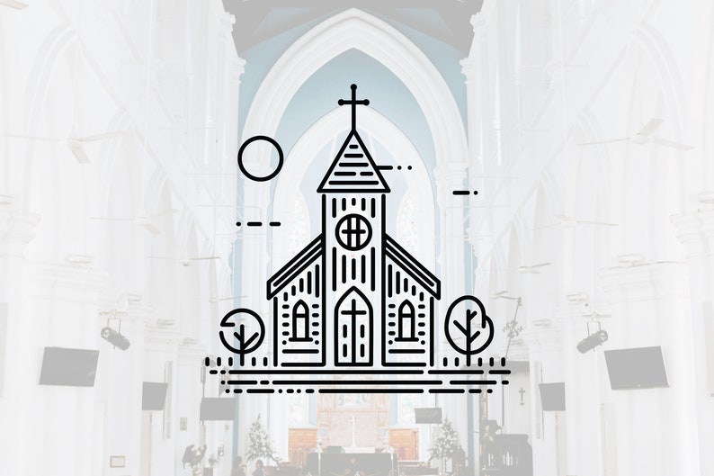 May include: A black line art illustration of a church building with a steeple and cross, featuring a circular window, arched doorway, and two stylized trees on either side, set against a faint, blurred background of a church interior.