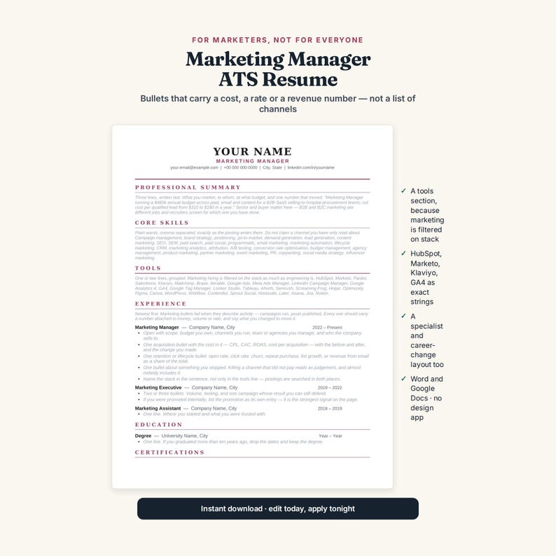 May include: A Marketing Manager ATS resume template featuring sections for professional summary, core skills, tools, experience, education, and certifications. The document includes text headers and bullet points, with additional notes on the right side.