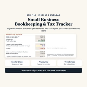 May include: A digital Small Business Bookkeeping & Tax Tracker spreadsheet template. The interface displays financial data including money in, money out, mileage, profit before tax, and tax set aside. It features eight linked tabs and is compatible with Excel or Sheets.