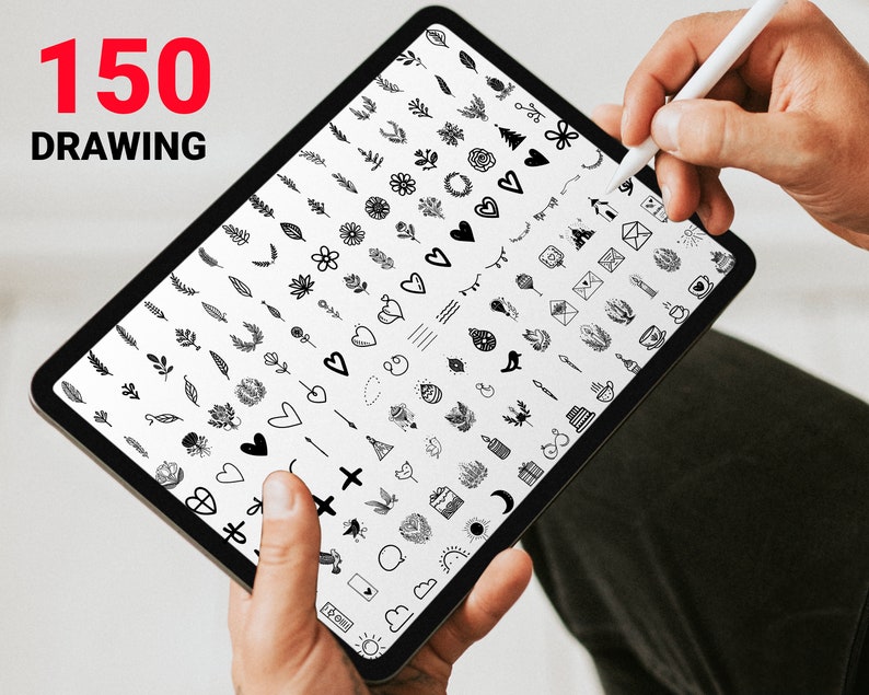 May include: A digital tablet screen displaying 150 black and white hand-drawn illustrations of various shapes, symbols, and designs. The illustrations include hearts, leaves, flowers, stars, and more.