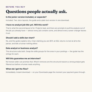 May include: A document with the heading BEFORE YOU BUY Questions people actually ask. It lists six questions and answers regarding a digital download, including inquiries about junior versions, job titles, skills charts, analyst roles, interview guarantees, and file delivery.