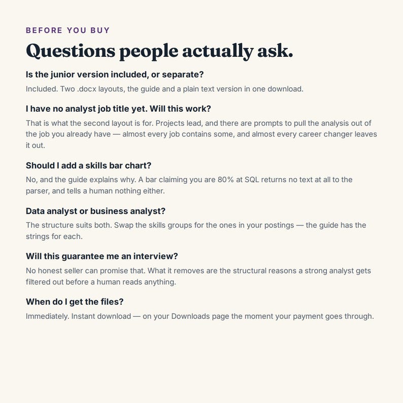 May include: A document with the heading BEFORE YOU BUY Questions people actually ask. It lists six questions and answers regarding a digital download, including inquiries about junior versions, job titles, skills charts, analyst roles, interview guarantees, and file delivery.