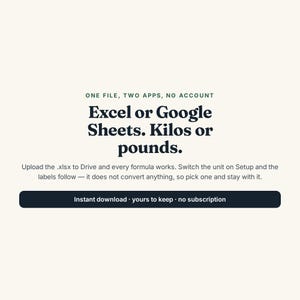 May include: A digital product graphic with dark text on a light background. It reads: ONE FILE, TWO APPS, NO ACCOUNT. Excel or Google Sheets. Kilos or pounds. Upload the .xlsx to Drive and every formula works. Instant download &middot; yours to keep &middot; no subscription.