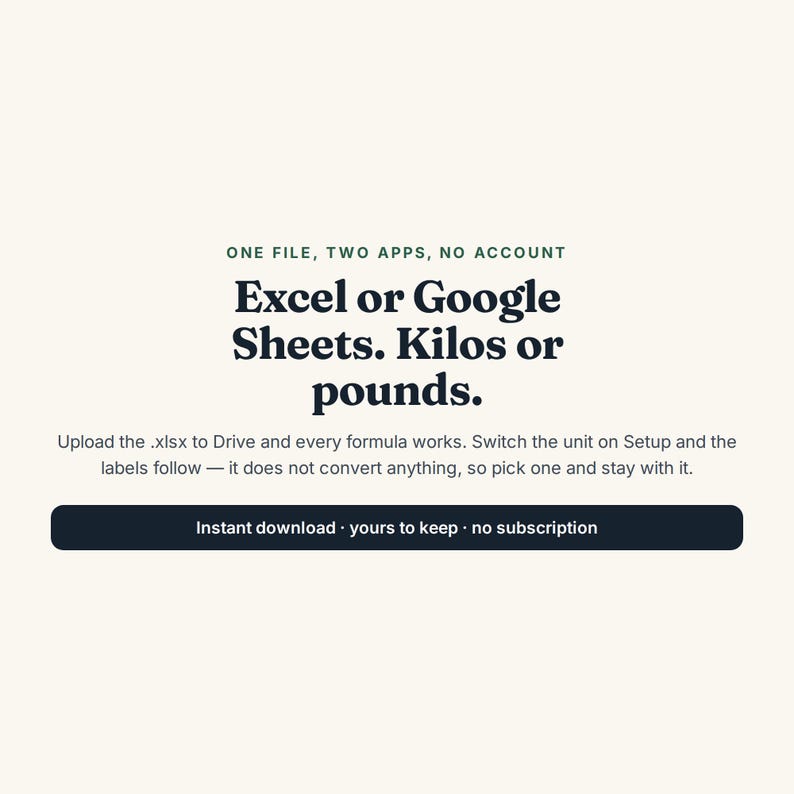 May include: A digital product graphic with dark text on a light background. It reads: ONE FILE, TWO APPS, NO ACCOUNT. Excel or Google Sheets. Kilos or pounds. Upload the .xlsx to Drive and every formula works. Instant download &middot; yours to keep &middot; no subscription.
