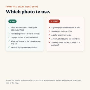 May include: An informational guide titled FROM THE START HERE GUIDE Which photo to use. It features two boxes, one green labeled DO with a checklist of photo requirements, and one red labeled DON'T with a list of prohibited photo elements.