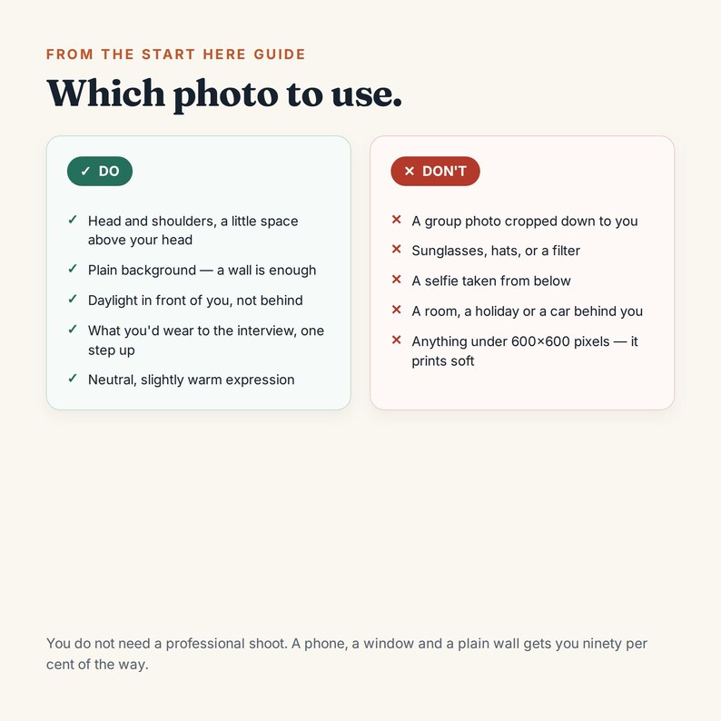 May include: An informational guide titled FROM THE START HERE GUIDE Which photo to use. It features two boxes, one green labeled DO with a checklist of photo requirements, and one red labeled DON'T with a list of prohibited photo elements.