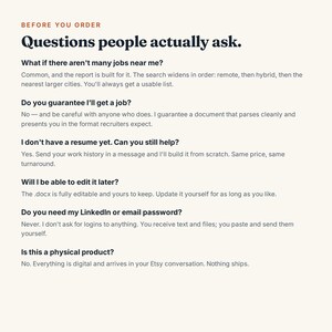 May include: An informational graphic with the heading Before You Order and the title Questions people actually ask. The text addresses inquiries regarding job searches, resume creation, document editing, account security, and digital delivery.