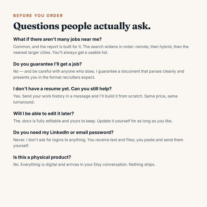 May include: An informational graphic with the heading Before You Order and the title Questions people actually ask. The text addresses inquiries regarding job searches, resume creation, document editing, account security, and digital delivery.