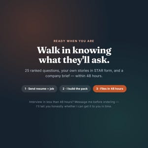 Puede incluir: Un gr&aacute;fico de degradado oscuro con texto blanco: READY WHEN YOU ARE, Walk in knowing what they'll ask. 25 ranked questions, your own stories in STAR form, and a company brief &mdash; within 48 hours. Botones: 1. Send resume + job, 2. I build the pack, 3. Files in 48 hours. Interview in less than 48 hours? Message me before ordering &mdash; I'll tell you honestly whether I can get it to you in time.