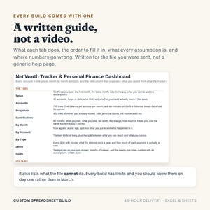 May include: A digital document titled Net Worth Tracker & Personal Finance Dashboard, featuring a list of tabs including Setup, Accounts, Snapshots, Contributions, By Month, By Account, By Type, Debts, and Goals, with explanatory text for each section.