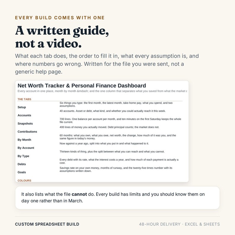 May include: A digital document titled Net Worth Tracker & Personal Finance Dashboard, featuring a list of tabs including Setup, Accounts, Snapshots, Contributions, By Month, By Account, By Type, Debts, and Goals, with explanatory text for each section.