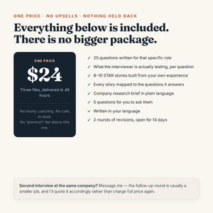 Puede incluir: Un gr&aacute;fico digital que muestra un paquete de servicios por $24. El texto dice: One price, no upsells, nothing held back. Everything below is included. There is no bigger package. Enumera ocho caracter&iacute;sticas, incluyendo 25 preguntas, historias STAR y revisiones. Una nota al pie menciona presupuestos para entrevistas de seguimiento.