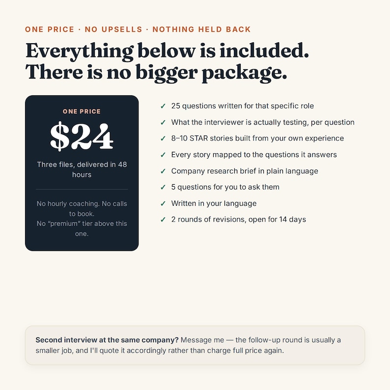 Puede incluir: Un gr&aacute;fico digital que muestra un paquete de servicios por $24. El texto dice: One price, no upsells, nothing held back. Everything below is included. There is no bigger package. Enumera ocho caracter&iacute;sticas, incluyendo 25 preguntas, historias STAR y revisiones. Una nota al pie menciona presupuestos para entrevistas de seguimiento.