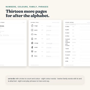 May include: Three educational worksheets featuring black text on white paper. The pages include sections for numbers, colors with corresponding icons, and family members, with blank lines for writing practice and the title Thirteen more pages for after the alphabet.