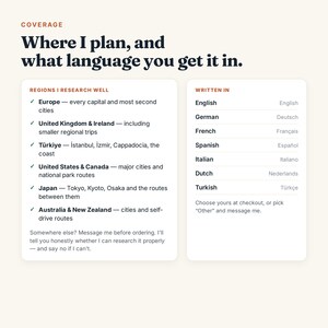 May include: An informational graphic titled Coverage: Where I plan, and what language you get it in. It lists researched regions including Europe, United Kingdom & Ireland, T&uuml;rkiye, United States & Canada, Japan, and Australia & New Zealand, plus language options.