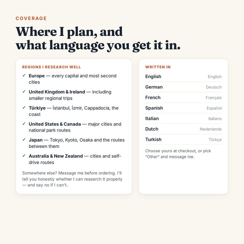May include: An informational graphic titled Coverage: Where I plan, and what language you get it in. It lists researched regions including Europe, United Kingdom & Ireland, T&uuml;rkiye, United States & Canada, Japan, and Australia & New Zealand, plus language options.