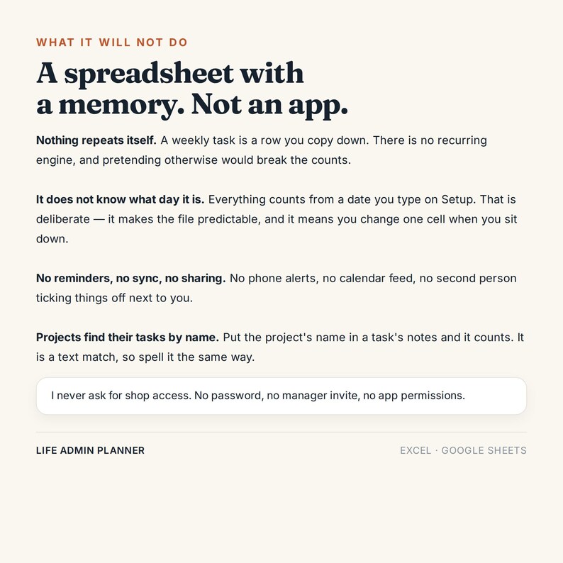 Pu&ograve; includere: Un documento digitale intitolato Life Admin Planner per Excel e Google Sheets. Il testo recita: What it will not do, A spreadsheet with a memory. Not an app. Nothing repeats itself. It does not know what day it is. No reminders, no sync, no sharing. Projects find their tasks by name. I never ask for shop access. No password, no manager invite, no app permissions.