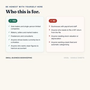 May include: A digital infographic titled Be Honest With Yourself Here Who this is for. It features two columns: a green Yes box listing target users like sole traders and freelancers, and a red No box listing exclusions like businesses with payroll.