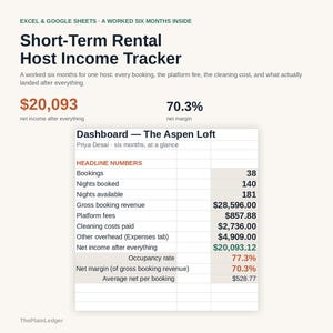 Peut inclure: Un mod&egrave;le de feuille de calcul num&eacute;rique intitul&eacute; Short-Term Rental Host Income Tracker pour Excel et Google Sheets. Il affiche des donn&eacute;es financi&egrave;res pour The Aspen Loft, incluant les r&eacute;servations, revenus, frais et b&eacute;n&eacute;fices nets.