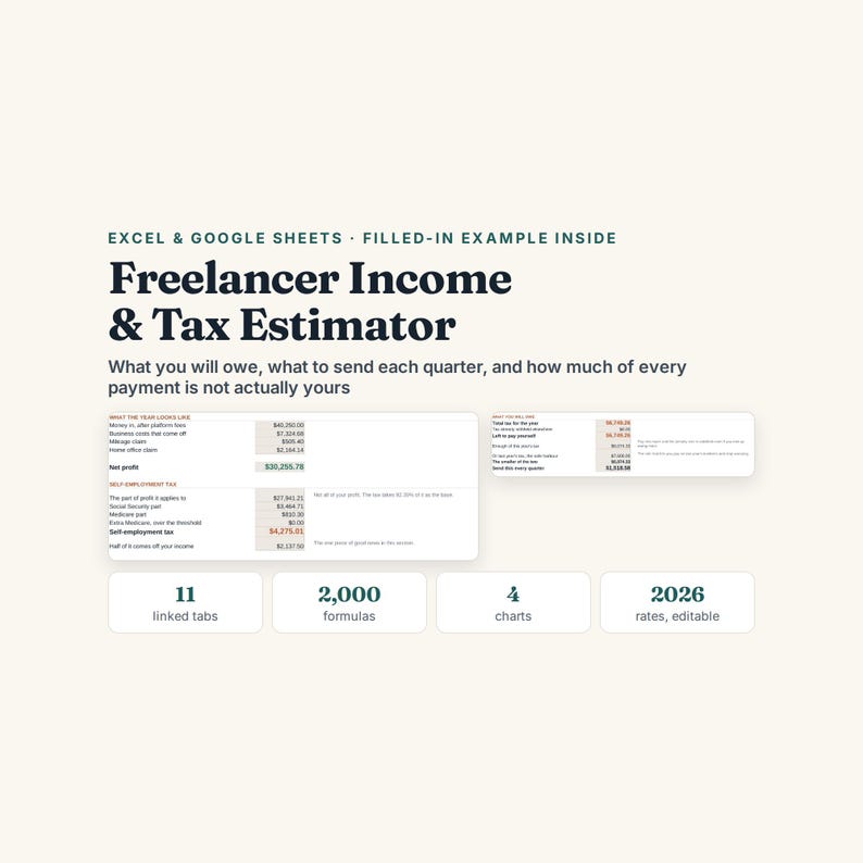 Freelancer Tax Estimator (Excel, Google Sheets) Income Tracker imagen 1