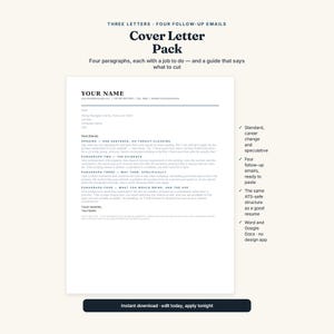 K&ouml;nnte beinhalten: Ein digitales Anschreiben-Vorlagenpaket mit einem Dokument, das Platzhalter f&uuml;r Kontaktinformationen und vier strukturierte Abs&auml;tze enth&auml;lt. Der Text umfasst &Uuml;berschriften wie "THREE LETTERS", "COVER LETTER PACK" und "INSTANT DOWNLOAD."