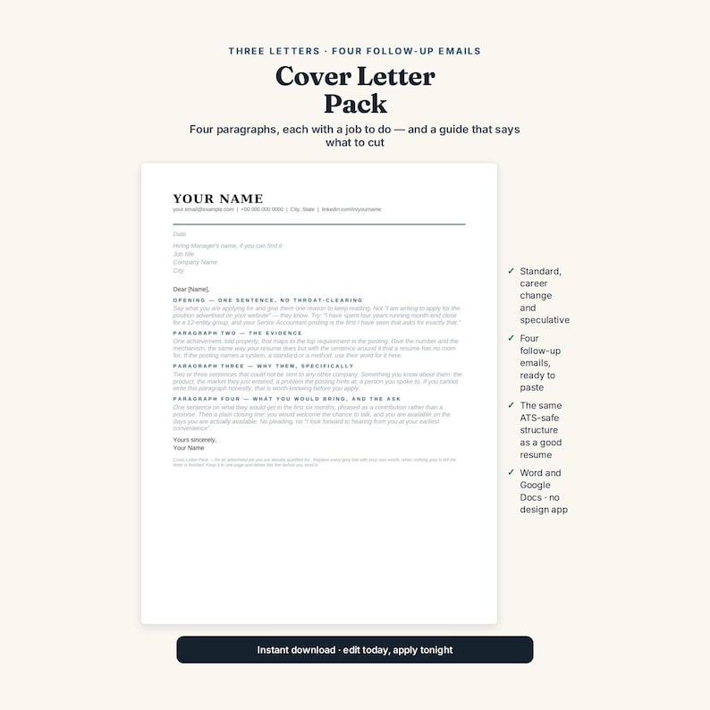 K&ouml;nnte beinhalten: Ein digitales Anschreiben-Vorlagenpaket mit einem Dokument, das Platzhalter f&uuml;r Kontaktinformationen und vier strukturierte Abs&auml;tze enth&auml;lt. Der Text umfasst &Uuml;berschriften wie "THREE LETTERS", "COVER LETTER PACK" und "INSTANT DOWNLOAD."