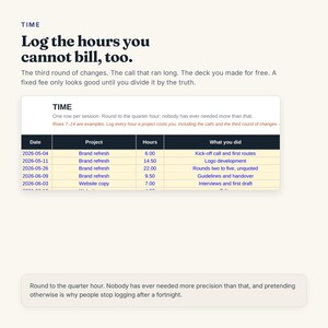 May include: A digital time-tracking interface featuring the heading 'TIME' and the text 'Log the hours you cannot bill, too.' Below, a table displays columns for Date, Project, Hours, and What you did, with entries for brand refresh and website copy tasks.