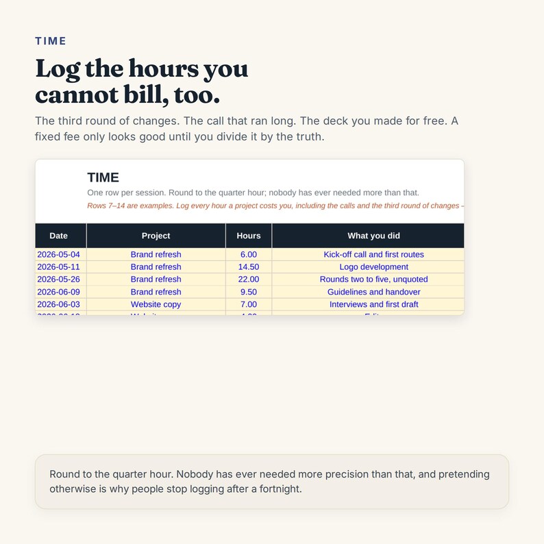 May include: A digital time-tracking interface featuring the heading 'TIME' and the text 'Log the hours you cannot bill, too.' Below, a table displays columns for Date, Project, Hours, and What you did, with entries for brand refresh and website copy tasks.