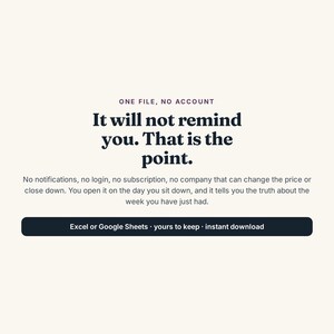 Pu&ograve; includere: Un elenco di prodotti digitali con il testo: ONE FILE, NO ACCOUNT. It will not remind you. That is the point. No notifications, no login, no subscription. Excel or Google Sheets, yours to keep, instant download su sfondo color crema.