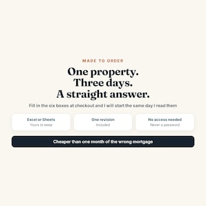 Peut inclure: Un graphique de service num&eacute;rique avec le texte : MADE TO ORDER. One property. Three days. A straight answer. Fill in the six boxes at checkout and I will start the same day I read them. Excel or Sheets, One revision, No access needed, Cheaper than one month of the wrong mortgage.