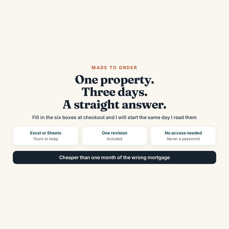 Peut inclure: Un graphique de service num&eacute;rique avec le texte : MADE TO ORDER. One property. Three days. A straight answer. Fill in the six boxes at checkout and I will start the same day I read them. Excel or Sheets, One revision, No access needed, Cheaper than one month of the wrong mortgage.