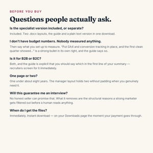 May include: A digital document featuring a FAQ section titled Before You Buy: Questions people actually ask. The text addresses inquiries about file formats, B2B or B2C suitability, page length, interview guarantees, and the instant download process.