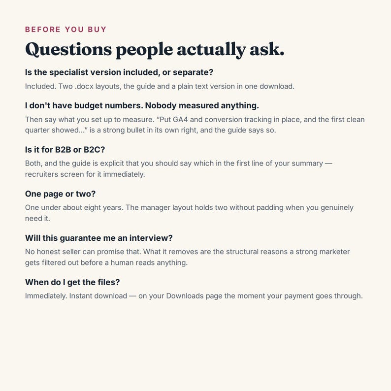 May include: A digital document featuring a FAQ section titled Before You Buy: Questions people actually ask. The text addresses inquiries about file formats, B2B or B2C suitability, page length, interview guarantees, and the instant download process.