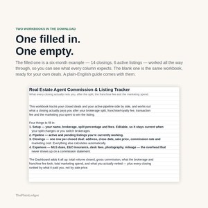 May include: A digital download containing two workbooks for real estate agents, one filled and one empty. The text describes a Real Estate Agent Commission & Listing Tracker that monitors closed deals, active pipelines, and expenses to calculate net earnings.