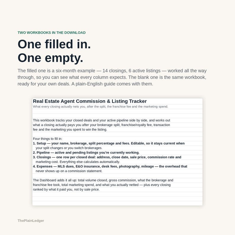 May include: A digital download containing two workbooks for real estate agents, one filled and one empty. The text describes a Real Estate Agent Commission & Listing Tracker that monitors closed deals, active pipelines, and expenses to calculate net earnings.