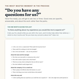 May include: A white informational document featuring black text titled The Most Wasted Moment in the Process. It includes the question Do you have any questions for us? followed by advice on interview questions and a list of suggested inquiries.
