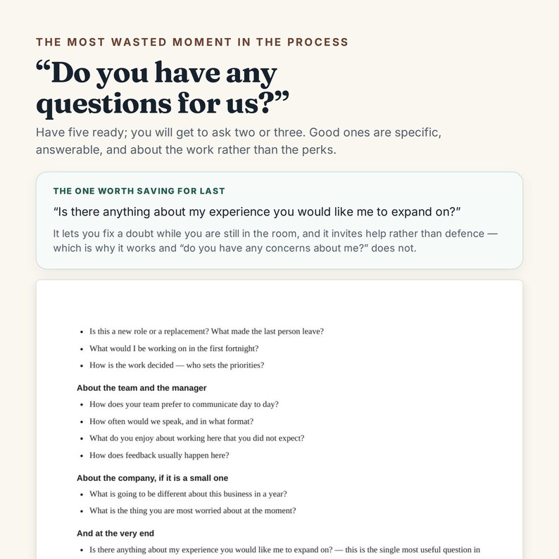 May include: A white informational document featuring black text titled The Most Wasted Moment in the Process. It includes the question Do you have any questions for us? followed by advice on interview questions and a list of suggested inquiries.